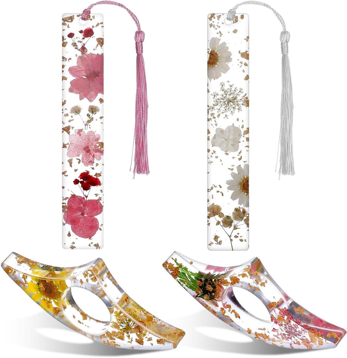   - - Set van 4 boekenbladwijzers in hars met kwasten - Rozegele bloemen design - Ideaal voor leesliefhebbers, studenten en leraren