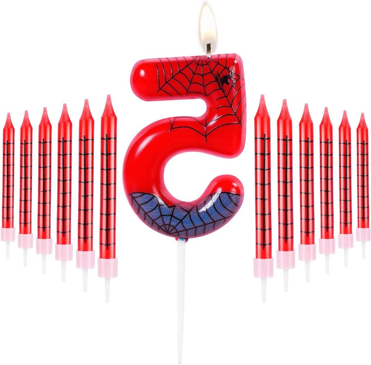 Brenzoos - 3D-vorm blauwrode verjaardagskaars met spinnenwebmotief - Nummer 5 kaarsdecoratie voor Spider thema feesten