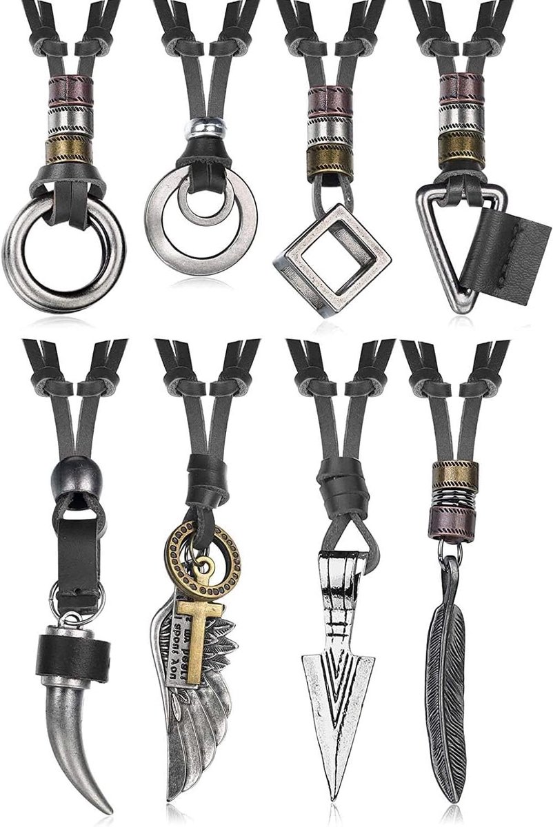 Brenzoos - 8 Stuks Lederen Ketting voor Mannen en Vrouwen - Vintage Hanger Kettingen Zwart Bruin - Pijlpunt Wolf Tand Veer Dubbele Ring - Verklaring Ketting - Verstelbare Lengte
