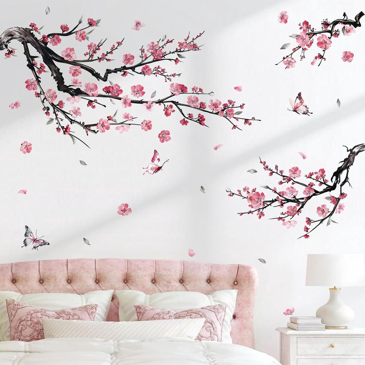   - Aquarel Roze Bloemtak Muurstickers - Bloesem Boomtakken - Bloemen - Slaapkamer en Woonkamer Decoratie
