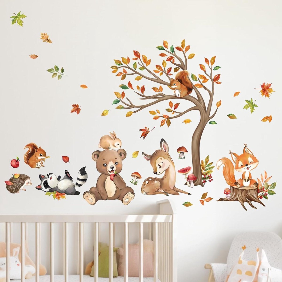   - Bosdieren Muurstickers Met Beer, Vos en Hert - Herfstbladeren Muurtattoo voor Babykinderkamer, Kinder Slaapkamer & Woonkamer