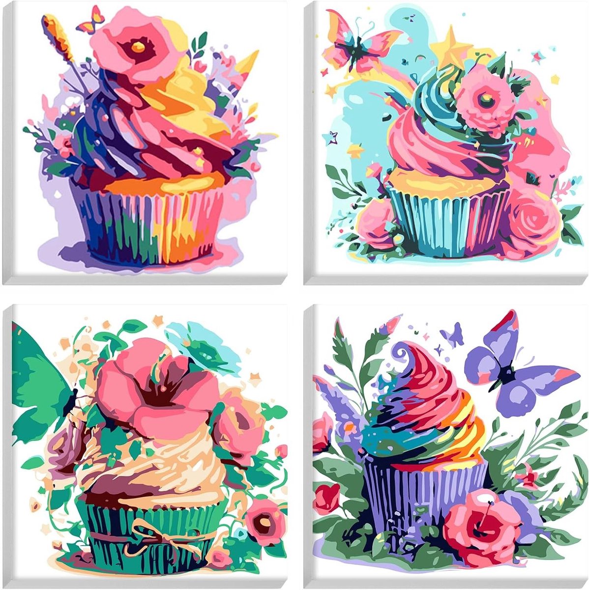 Brenzoos - DIY schilderen op nummers set - 4 stuks ingelijst, acryltaart en vlinder 20 x 20 cm