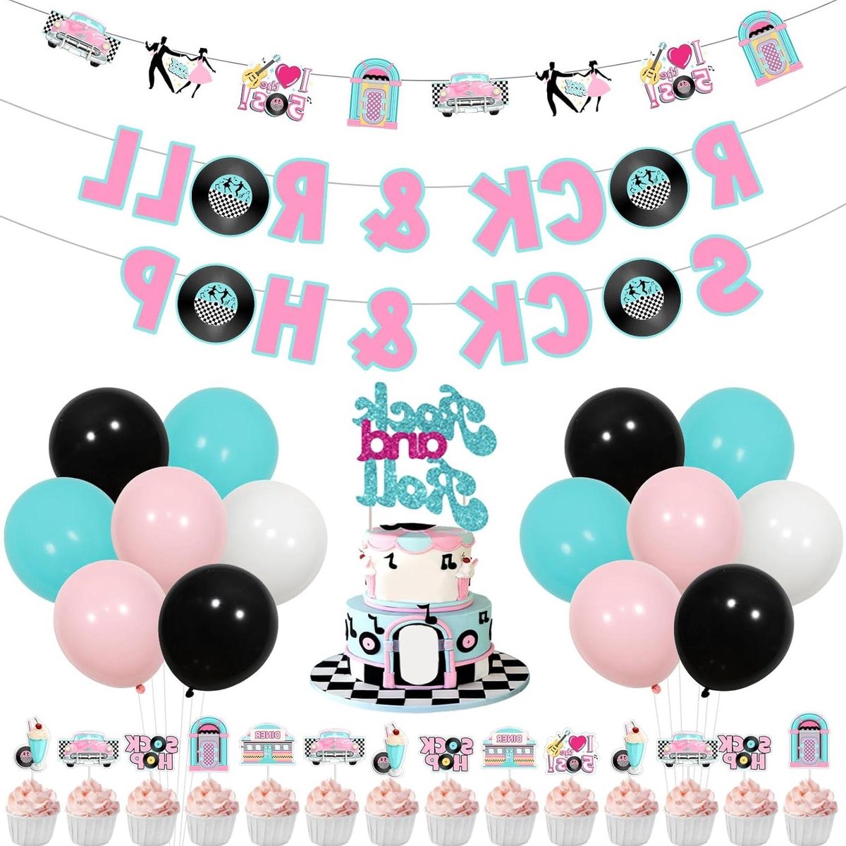   - Feestartikelen jaren 50 decoraties - Rock & Roll themafeest met Banner en Ballonnen