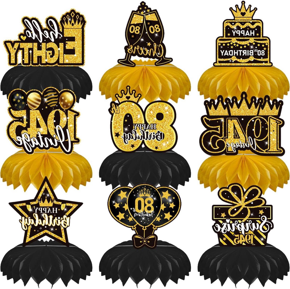   - Feestelijke decoraties voor 80e verjaardag - Zwarte en gouden honingraat decoraties - Tafeltoppers en taartdecoraties - 9 stuks