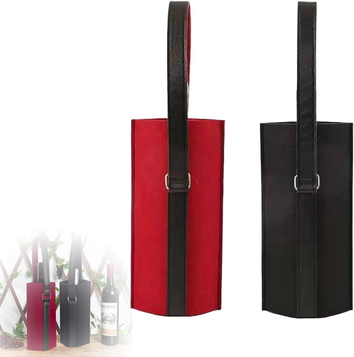   - Geschenktasjes wijntas voor cadeau bruiloft verjaardag (2 stuks), flessenzakken van vilt (zwart, bordeauxrood)