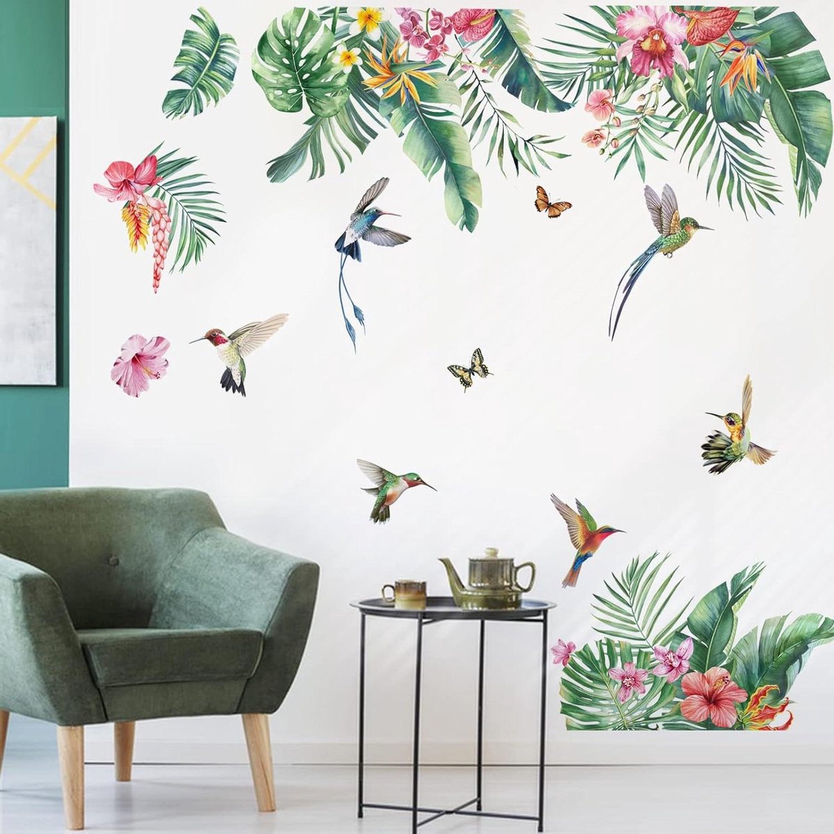   - Groene Tropische Muurstickers met Hibiscusbloem en Palmblad - Meisjeskamer Woonkamer