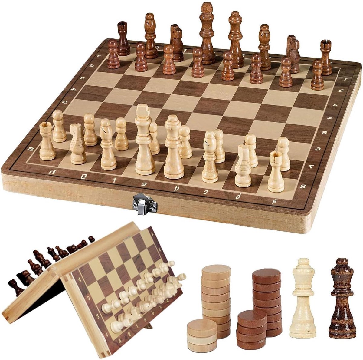   - Magnetisch houten 3-in-1 schaakspel en backgammon draagbaar bord voor familie- en feestactiviteiten. Inklapbaar en hoogwaardig hout.