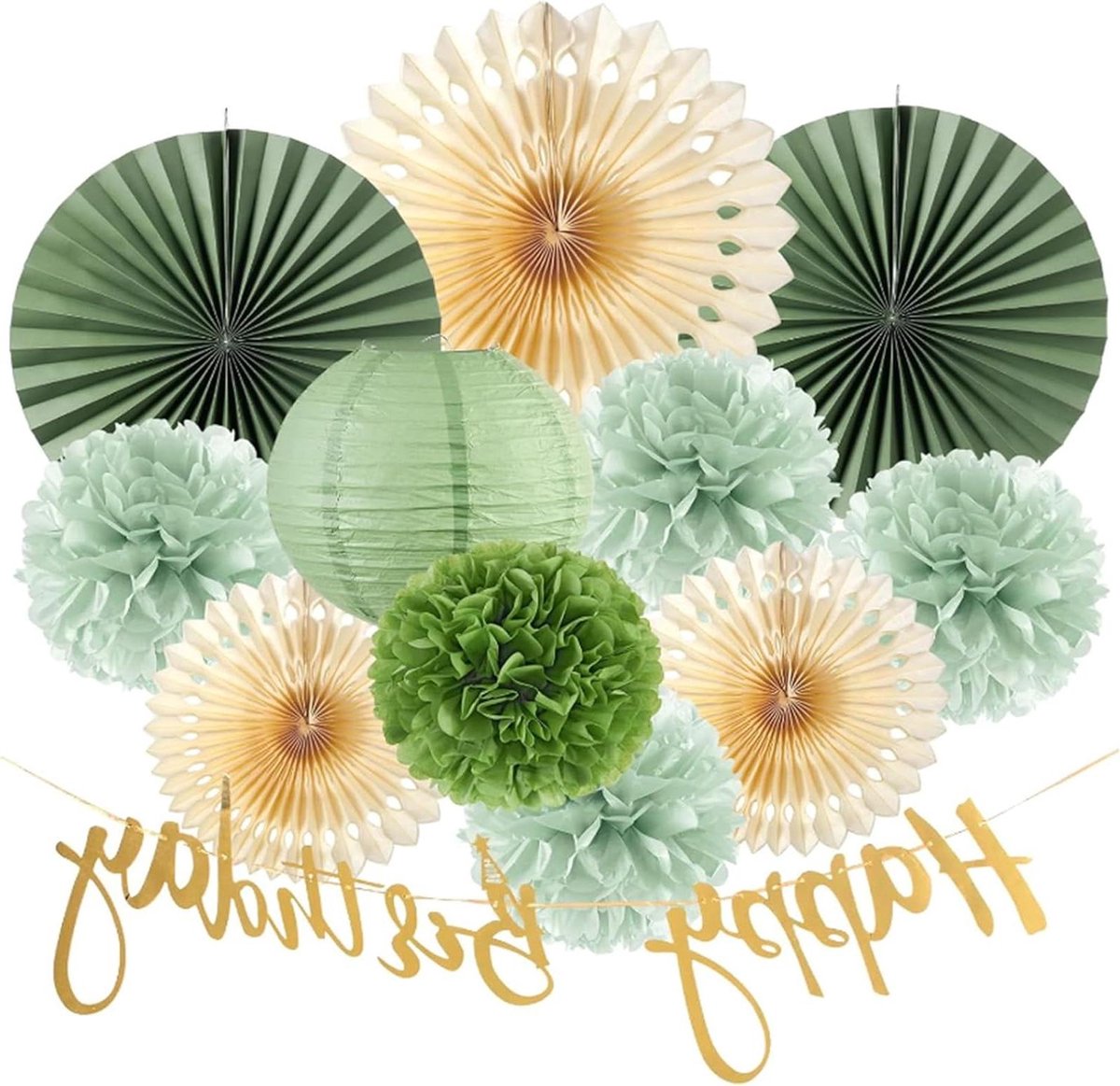 Brenzoos - Papieren pompons voor bruiloftsfeestdecoraties - saliegroen - verjaardag en bruidsdouche - feestdecoratie met salie thema.