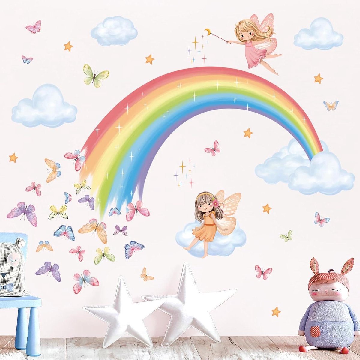   - Regenboog Fee Muurstickers voor Babykinderkamer - Vlinder Wolken Sterren Decoratie met Regenboog Thema