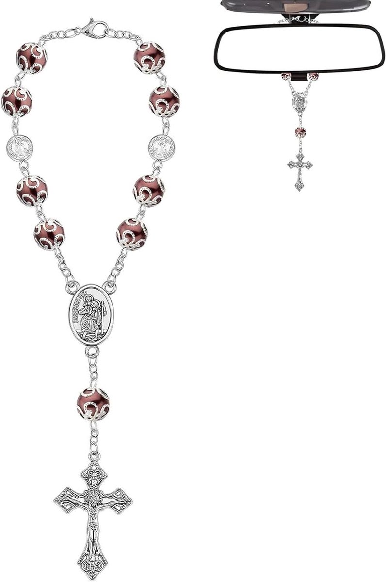 Brenzoos - Rosenkranz Christopherus Auto Hanger - Heilige Christophorus Geschenk - Achteruitkijkspiegel Hanger - Gebedsketting Auto Geluksbrenger