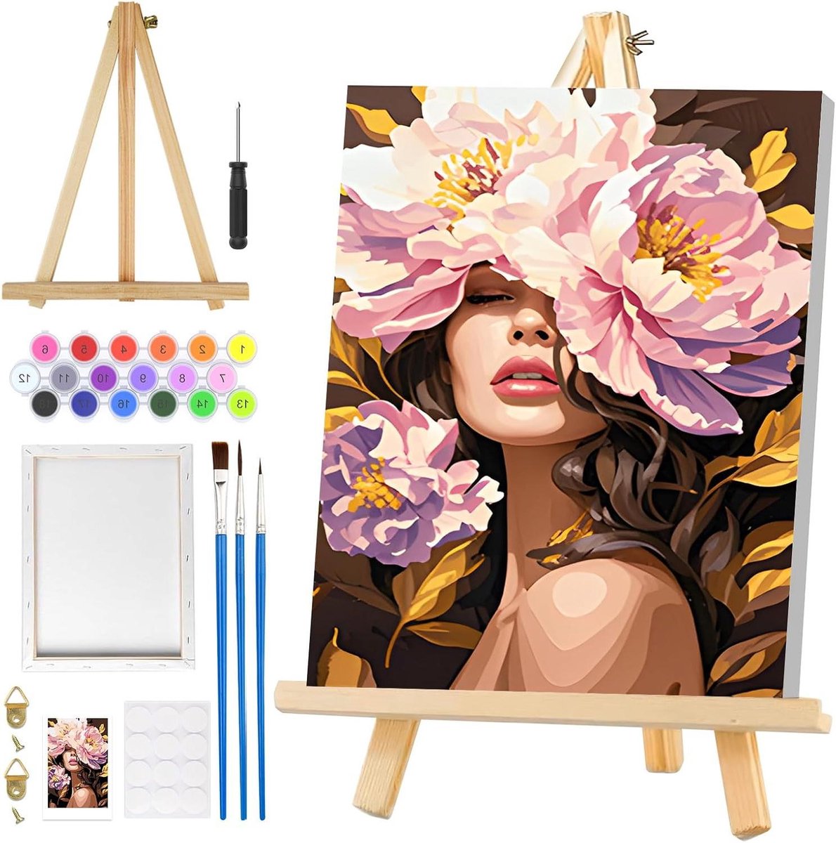   - Schilderen op nummer voor volwassenen - bloemen en dieren - incl. lijst en ezel