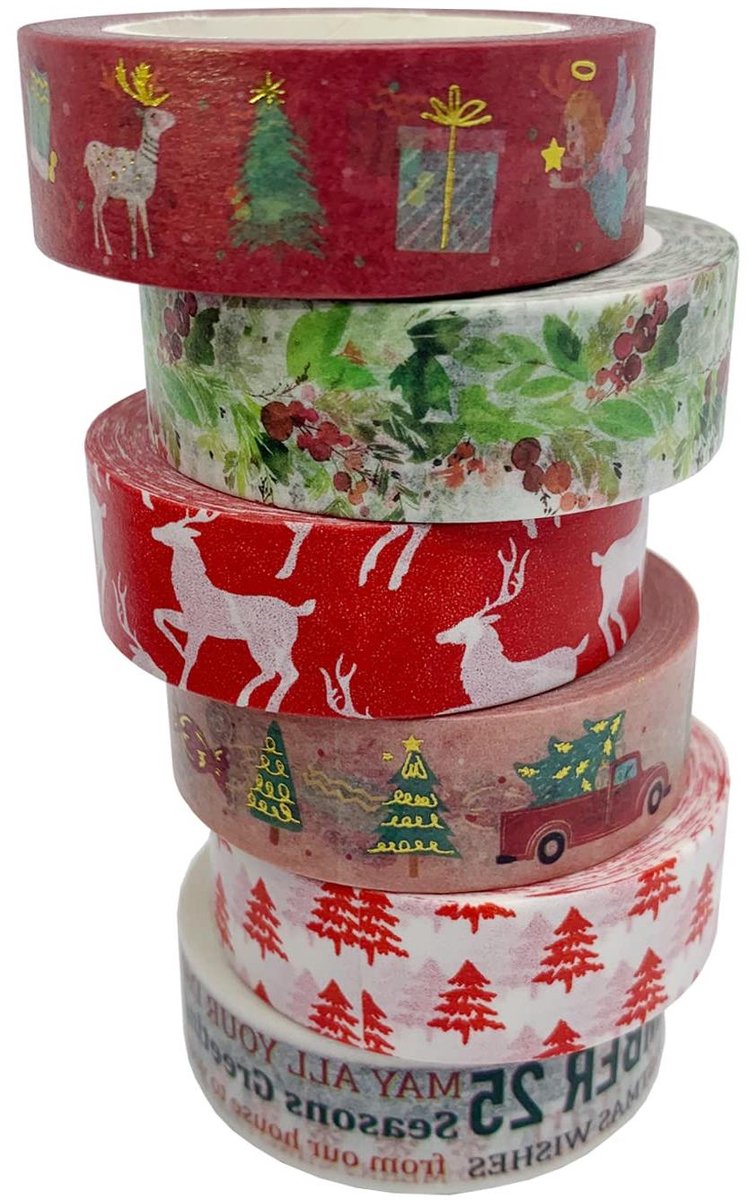   - Washi Tape Set Kerstmis Motieven Papier Plakband Stickers DIY Crafts Decoratie - 6 rollen - 10m x 15mm / Rol