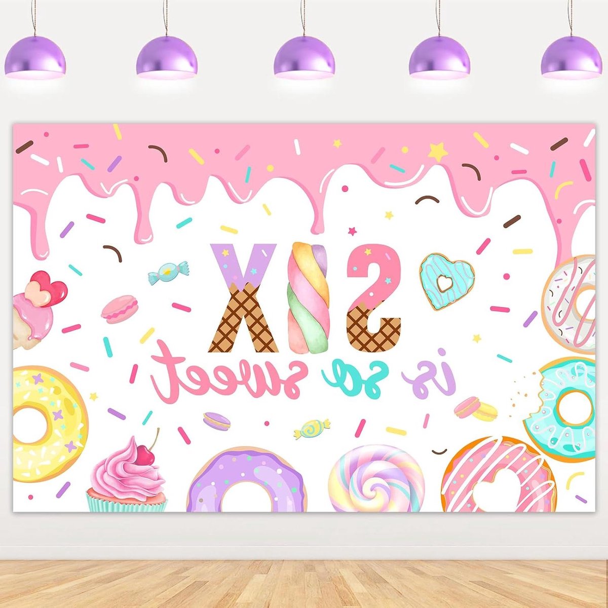   - Zoete Donut Achtergrond voor 6e Verjaardag Meisje - Feestdecoraties Snoep Thema - Banner voor 6 Jaar Oud Feestje