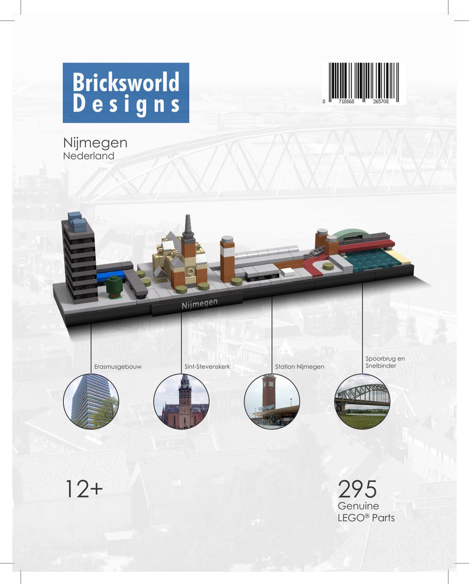 Bricksworld BOC-SKY-NIJ BOC Architectuur Skyline Nijmegen (NL) modules Erasmusgebouw, Stevenskerk, Station & Spoorbrug. Samengesteld uit originele nieuwe LEGO® onderdelen.