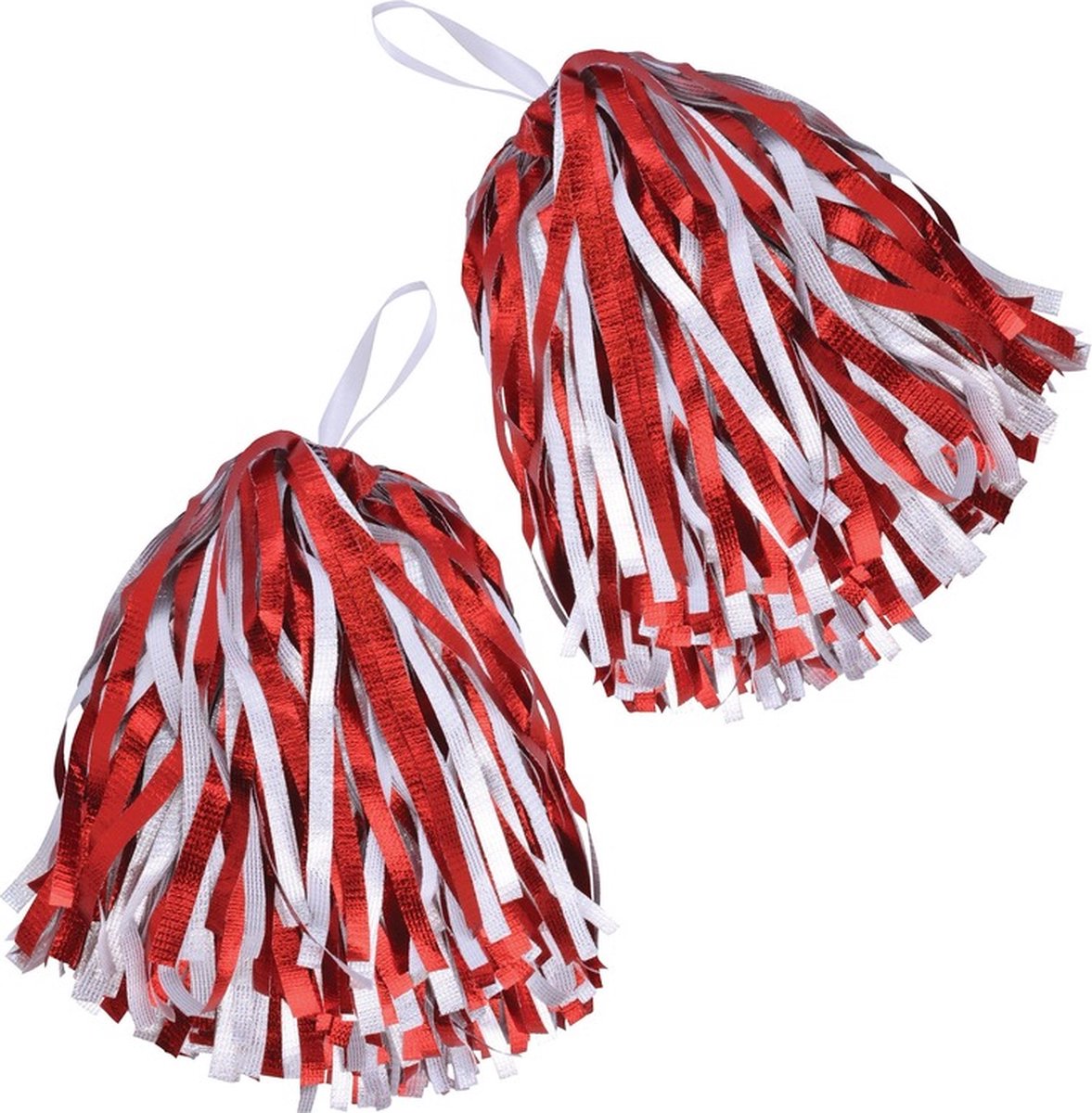 2x Cheerballs/Pompoms in het rood/wit  - Cheerleaders verkleed accessoires