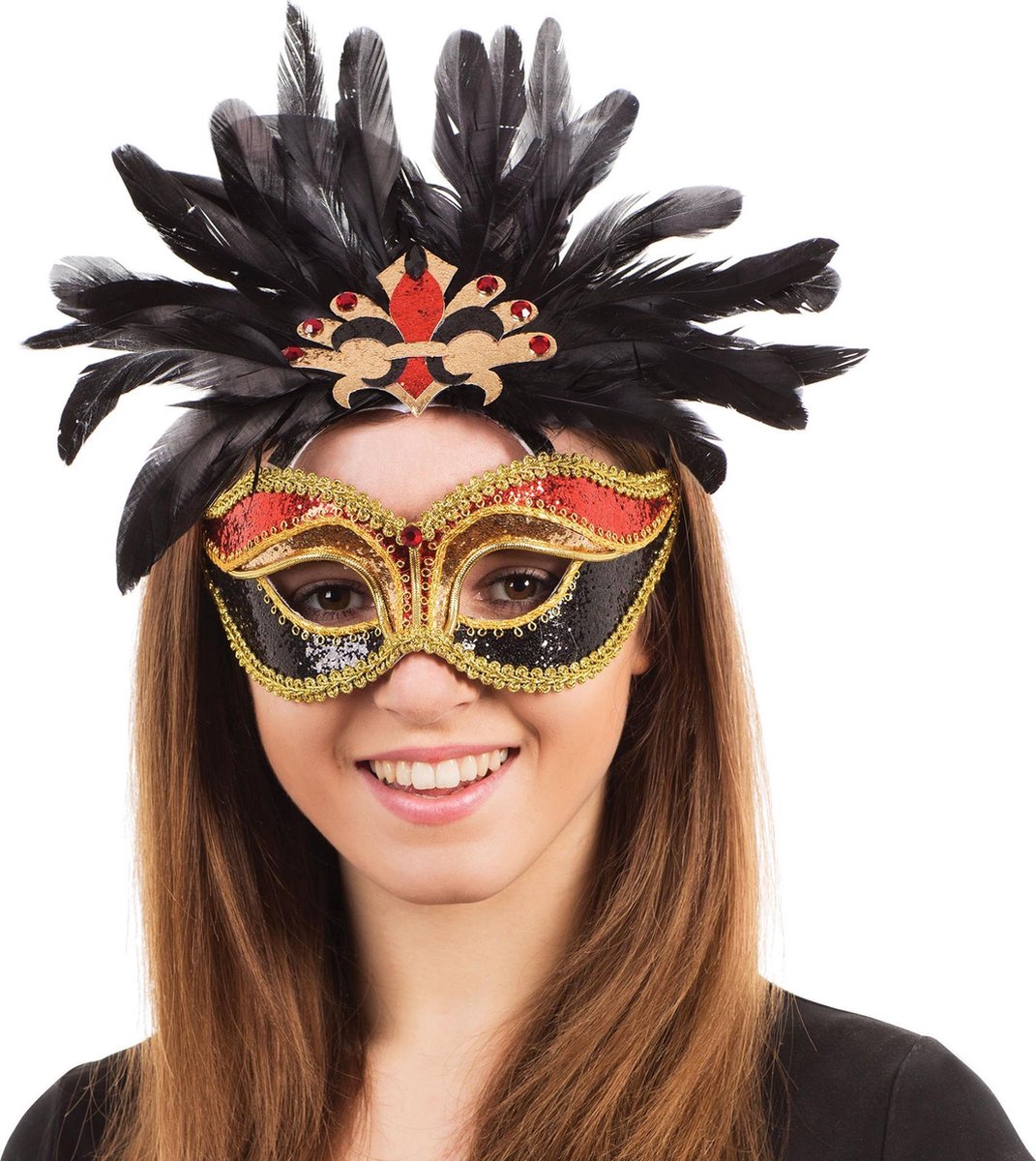 Bristol Novelty Unisex Adults Sequinned Carnival Eye Mask With Feathers (Black/Red/Gold)