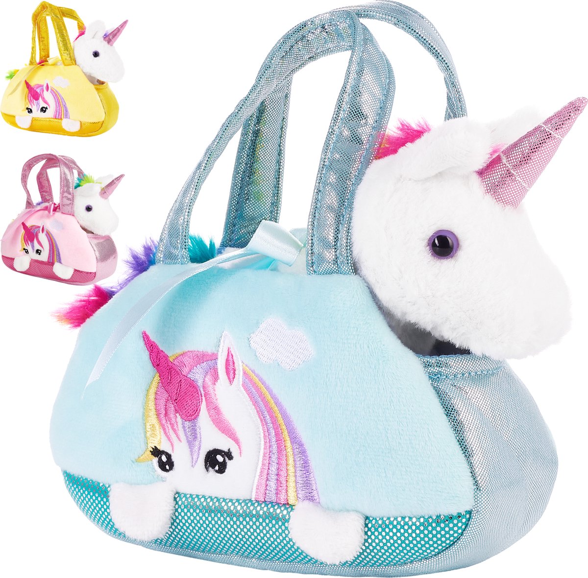 BRUBAKER Regenboog Pluche Eenhoorn in Handtas - 20 cm - Knuffel in Tas - Muntblauw