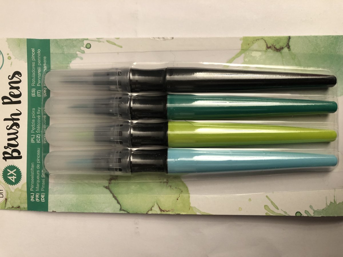 Brush Pens, 4 kleuren set lichtblauw-lichtgroen-donkergroen-zwart