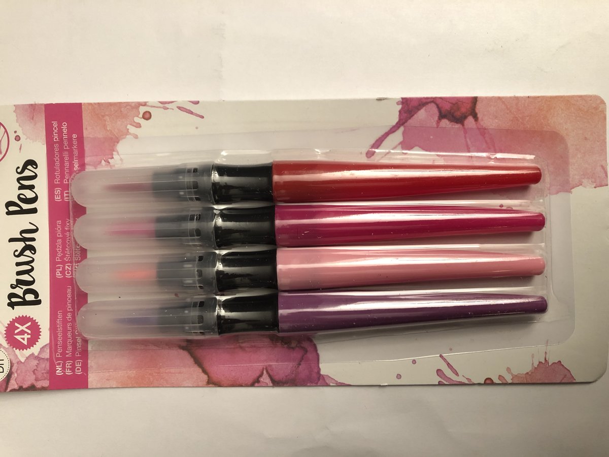 Brush Pens, 4 kleuren set  paars - lichtroze - donkerroze - rood