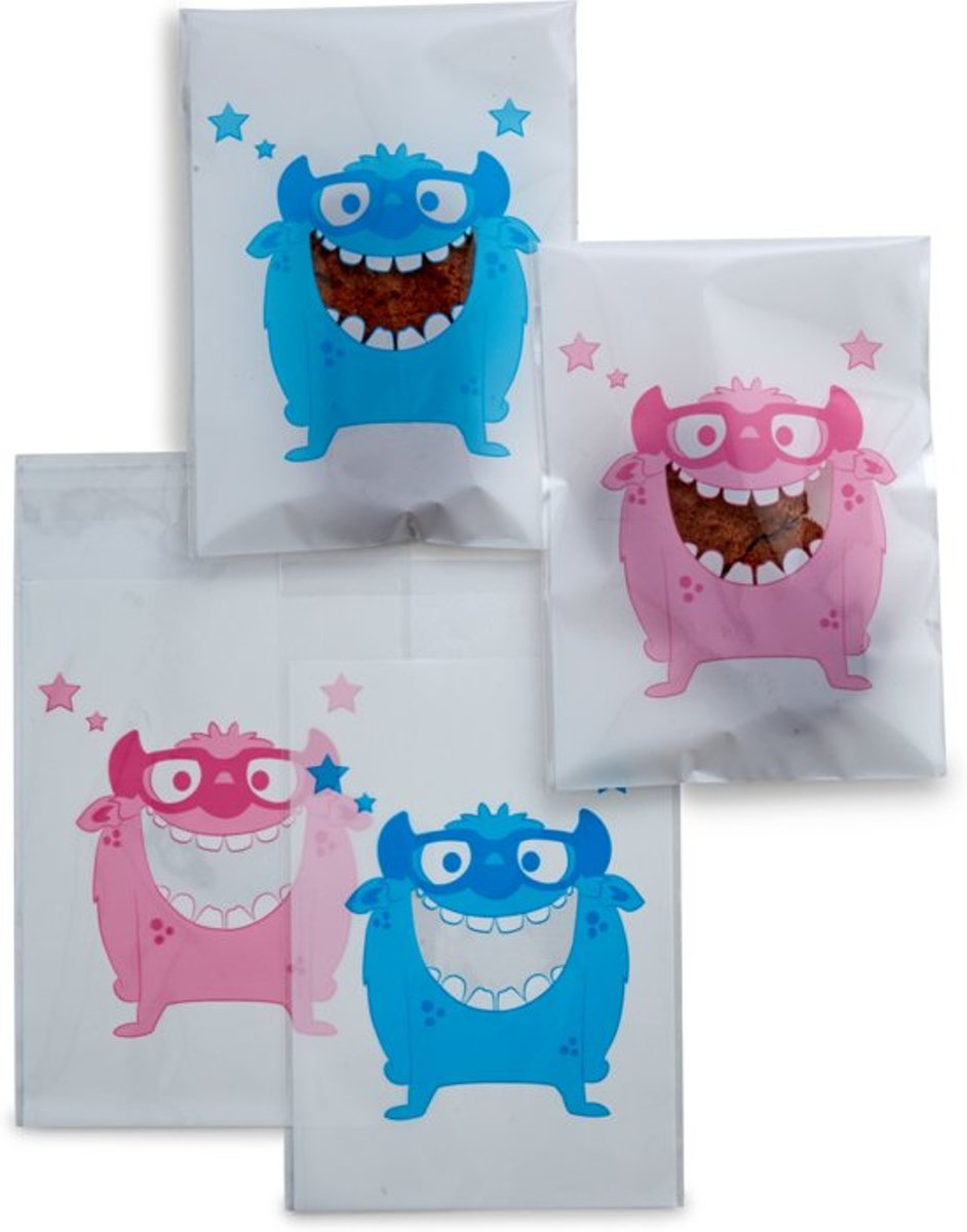 200 x Transparante Uitdeelzakjes voor kindertraktatie op school - blauw en roze Cookie Monster patroon - 9,5 x 13 cm