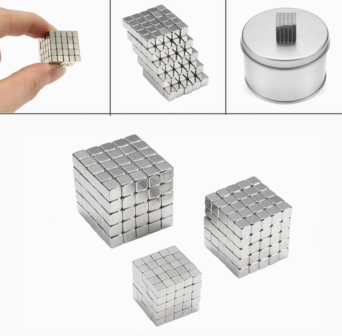 216 kleine vierkante sterke magneten in blikje - 3x3x3mm - Buckyballs - Neocubes zilver