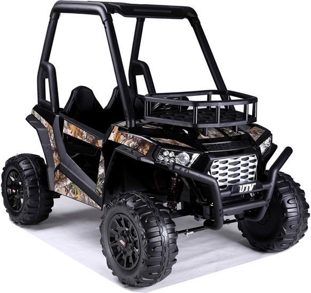 Off Road UTV   2 persoons elektrische kinderauto 24 volt Full Options - Rubberen Banden En Stoelen Van Zacht Ecoleer - Met Afstandsbediening - Elektrische auto voor kinderen accu - Zwart/Blad