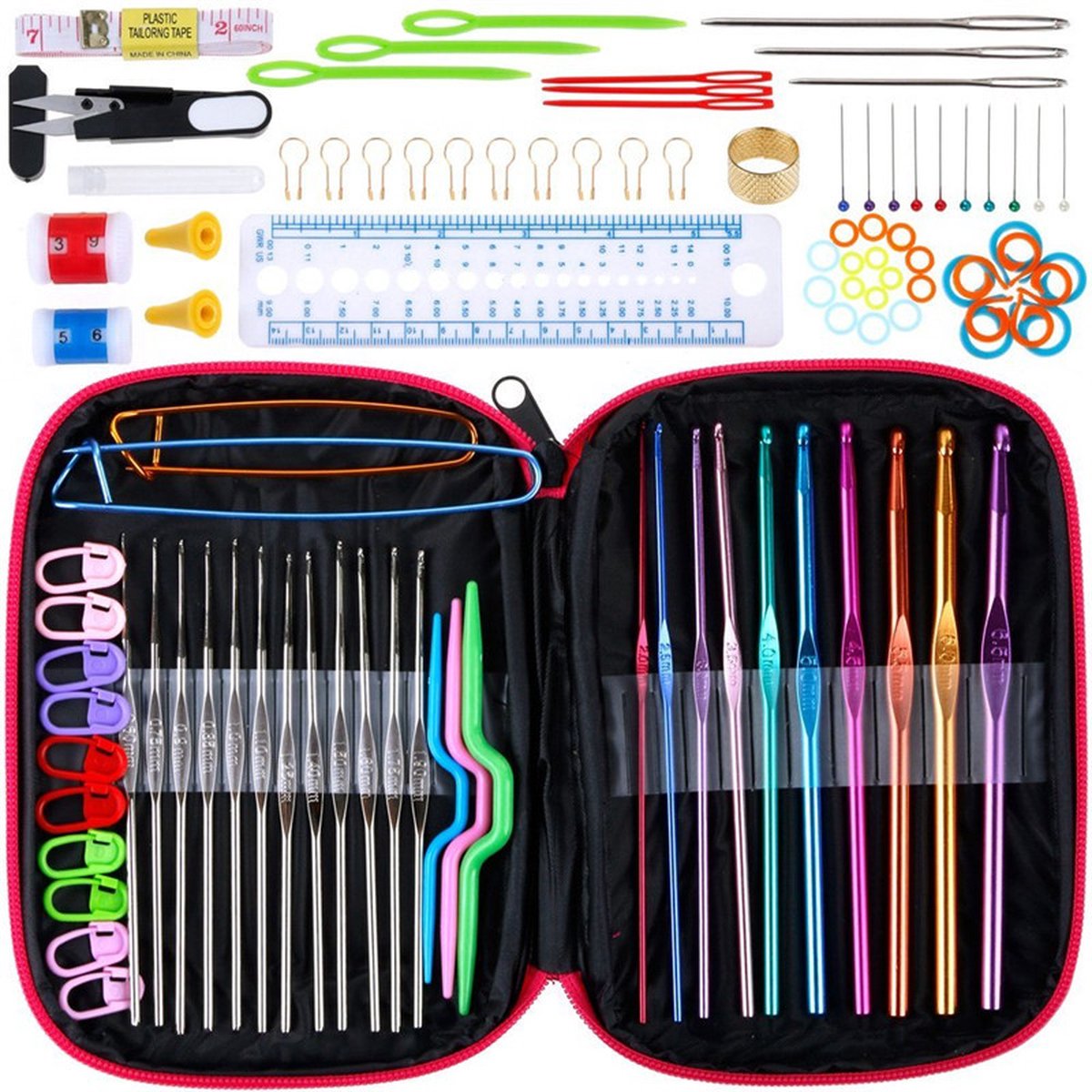 BukkitBow – Luxe Ergonomische Haaknaaldenset – XXL Set Met Accessoires – 22 Haaknaalden (Aluminium) - Haakset Met Etui