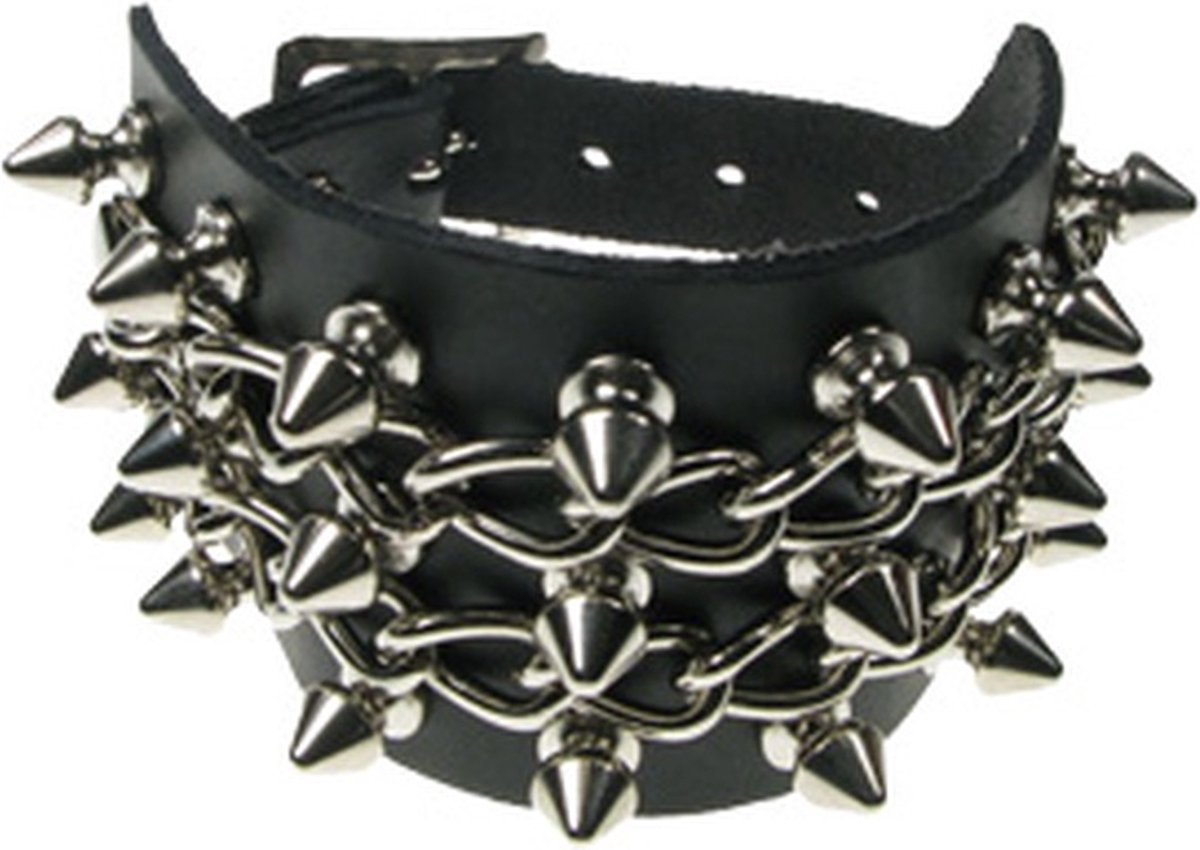 Bullet 69 Funky Punk Polsband 3 row spike with chain Zwart/Zilverkleurig