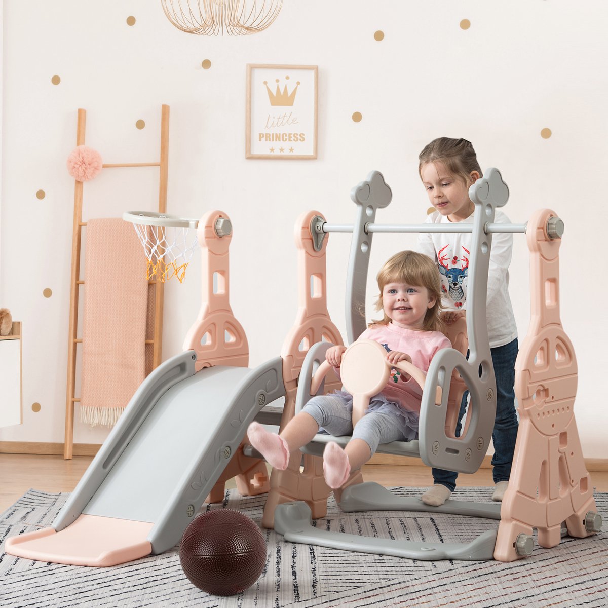 4 In 1 kinderglijbaan schommel met basketbalstandaard, indoor plastic glijbaan set voor 1-6 jarigen, klimladder, schommelglijbaan tuinglijbaan, achtertuin baby glijbaan set voor de speeltuin, Roze