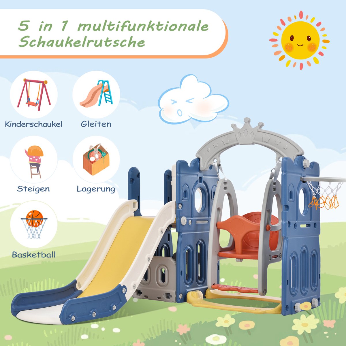 5 In 1 kinderglijbaan schommel met basketbalstandaard, indoor plastic glijbaan set voor 1-6 jarigen, klimladder, schommelglijbaan tuinglijbaan, achtertuin baby glijbaan set voor de speeltuin, Blauw