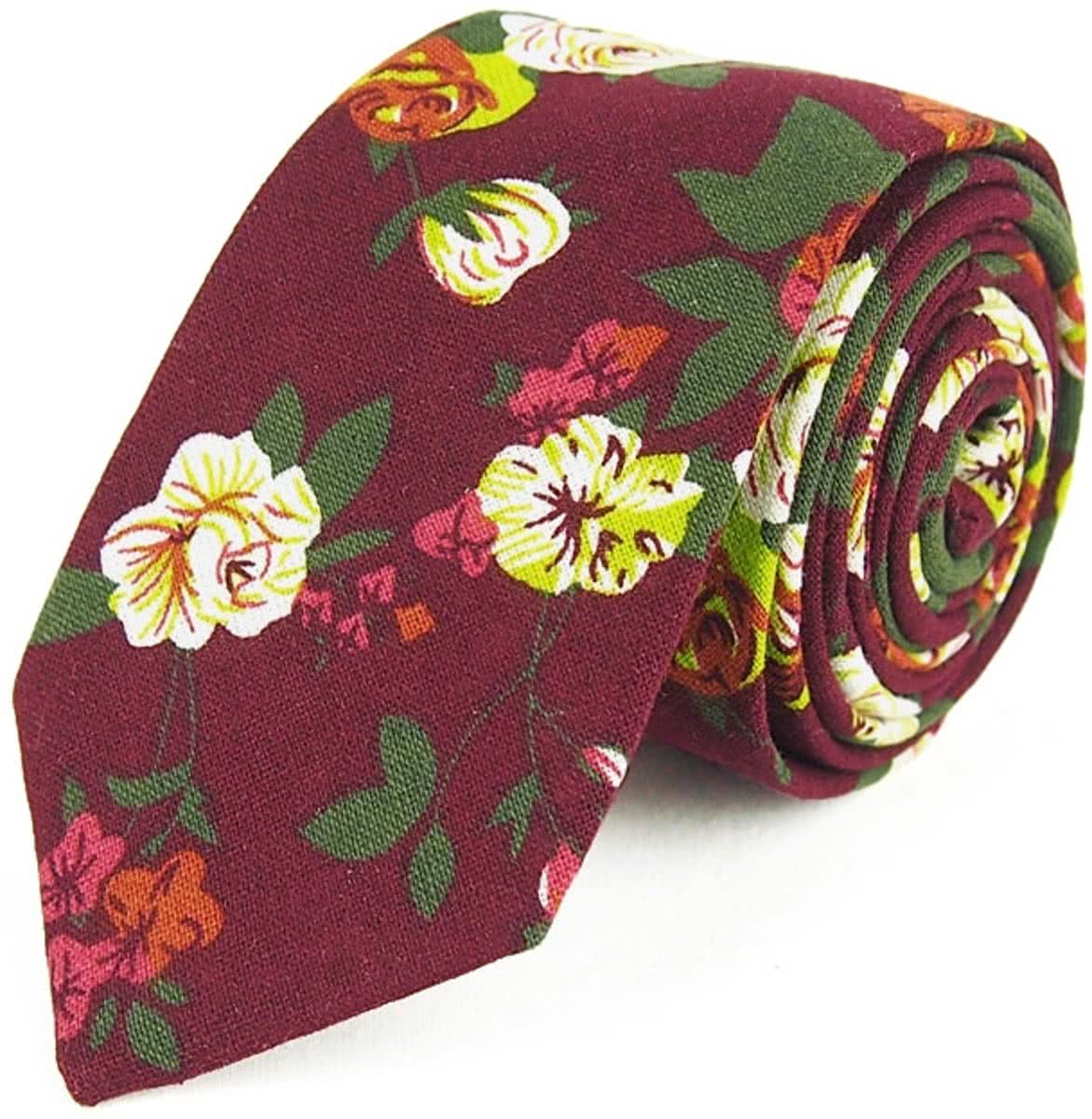 Stropdas Bordeauxrood met Bloemen - 6.5 cm - Katoen