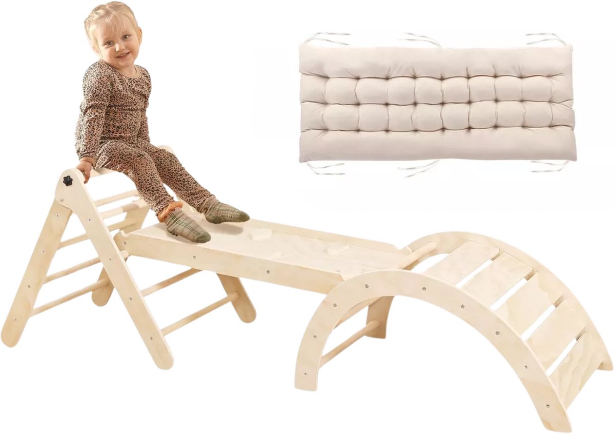   Mini   Set – Klimdriehoek & Klimboog met Kussen & Klimhelling met Glijbaan – Montessori Speelgym – 176x47x82 cm – Naturel