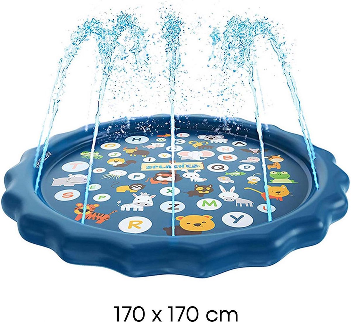   Watermat -  Speelmat met Watersproeier - 49 Watersproeier - Alfabet + Dierenplaatjes - Waterspeelgoed/Tuinspeelgoed/Waterspel /Speelgoed/Kinderzwembad - 170x170CM