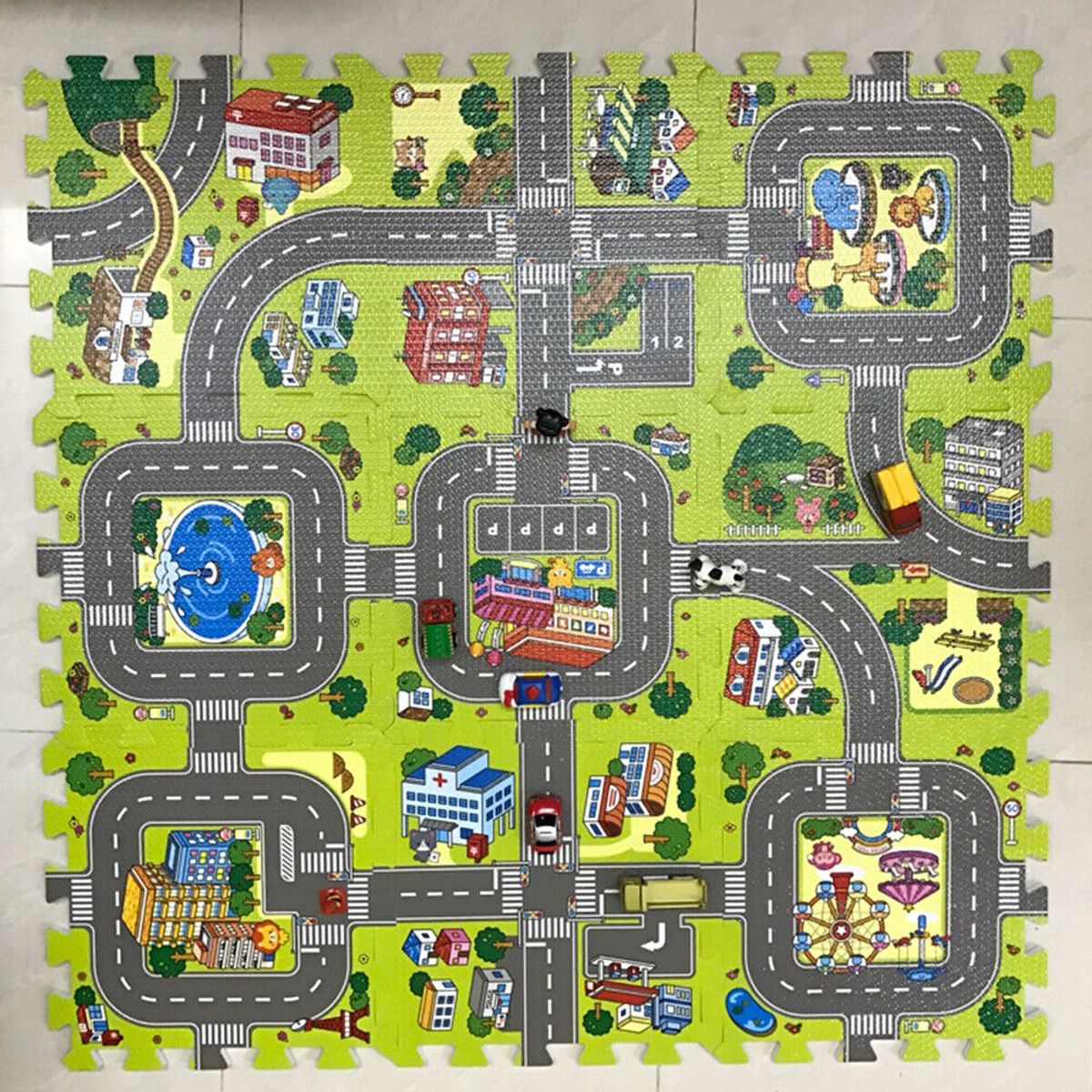 Kinder Speelmat - Straten Puzzelmat - 9-delig Speel Kleed met Wegen, Straten en Gebouwen - Educatief Speel Kleed voor Baby/Peuters/Kinderen vanaf 0 jaar - Jongens en Meisjes90x90 cm