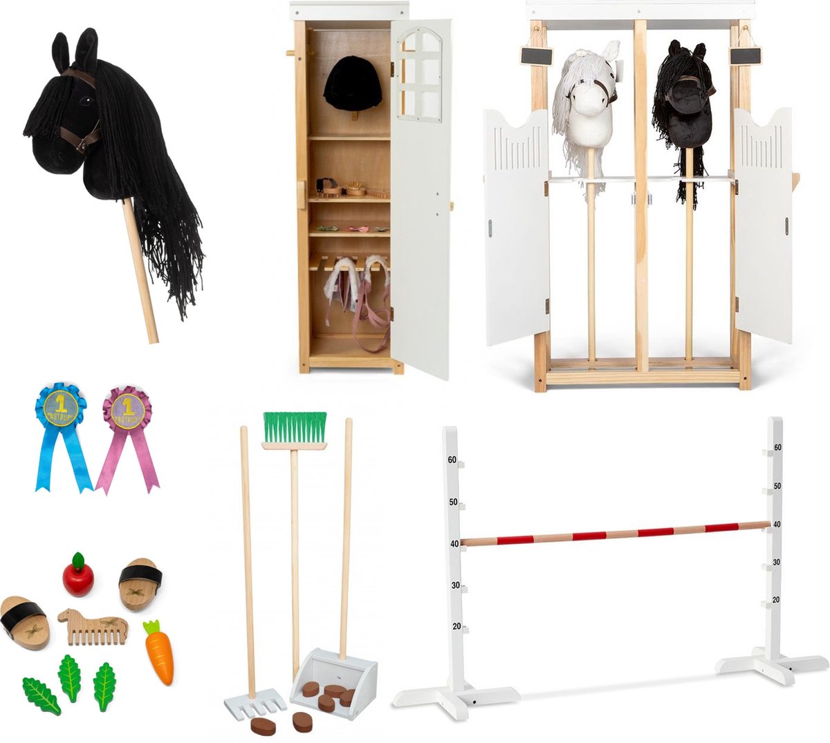 By Astrup luxe stokpaardje zwart met zeer complete speelset - Stal - Hindernis - Kast - Verzorgingsset - Mestboy - Rozetten