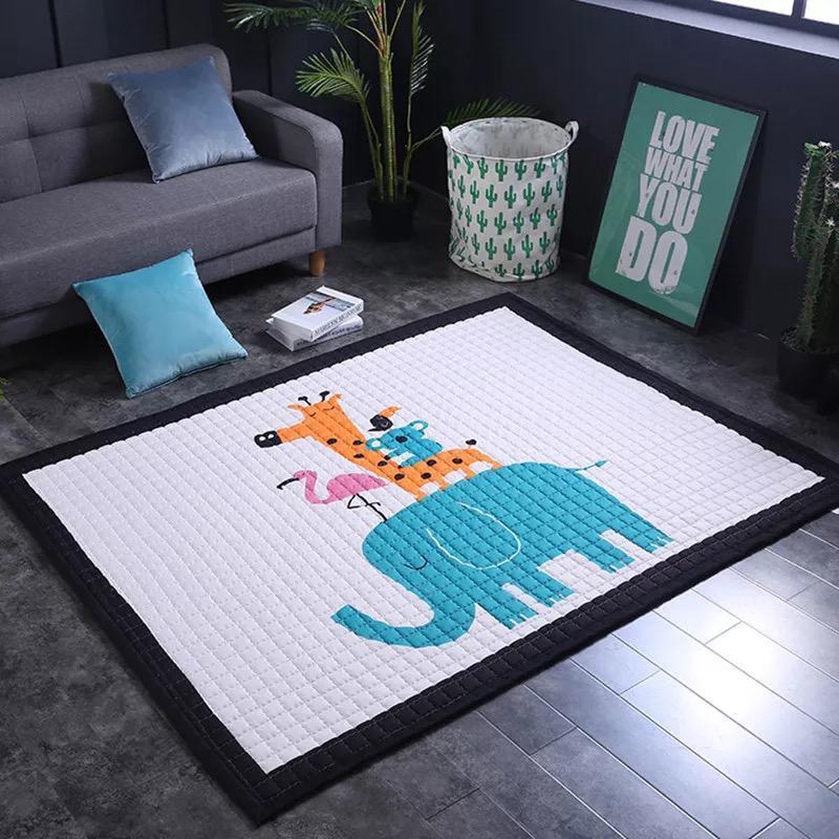 Grote speelmat kinderkamer - Olifant met schattige dieren - Speelkleed baby 1,95m x 1,45m