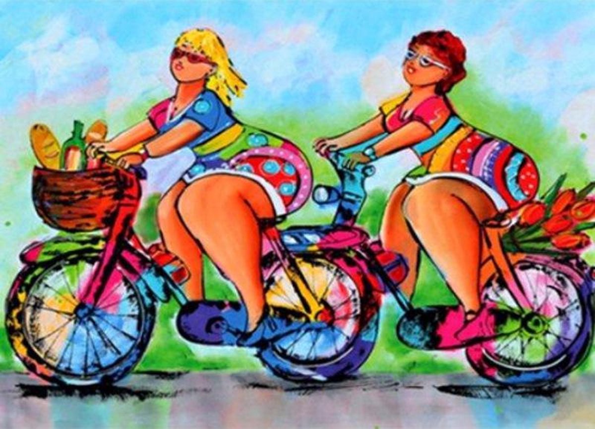 Diamond painting - Dikke dames op de fiets -Volledig - 40x50 -Complete set - Inclusief GRATIS Led-Pen