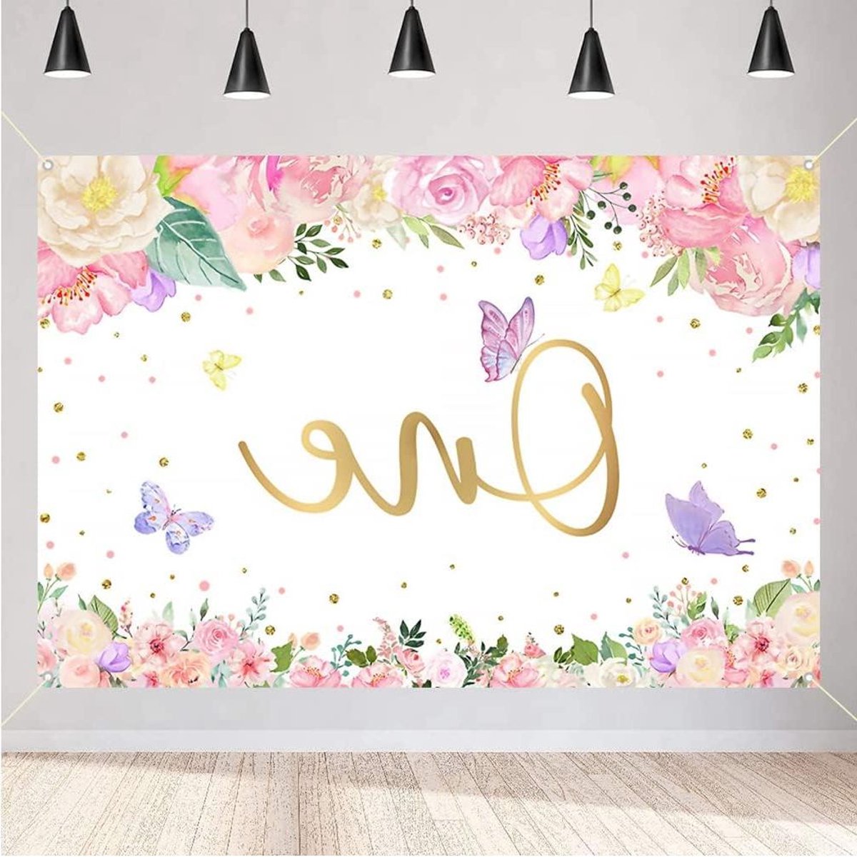 **ByShane - Achtergrond Aquarel Bloemen en Gouden Stippen voor Verjaardag Fotoshoot - Baby Meisje - Feest Decoratie - 120 cm**