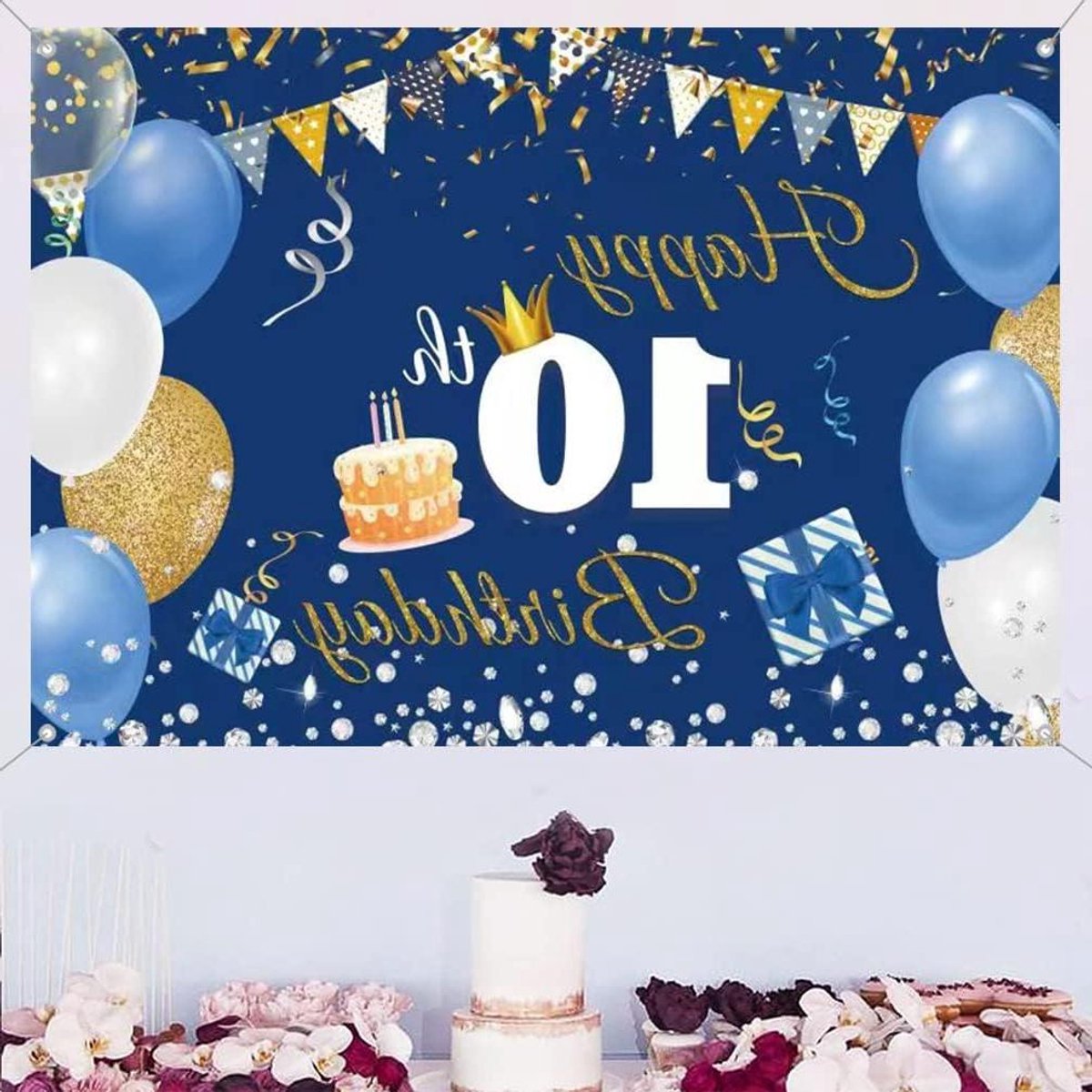 ByShane - 10e Verjaardag Decoratie Blauw - Jongen Meisjes Feest - Stoffen Bord Poster - Achtergrond Banner - Verjaardagsfeest