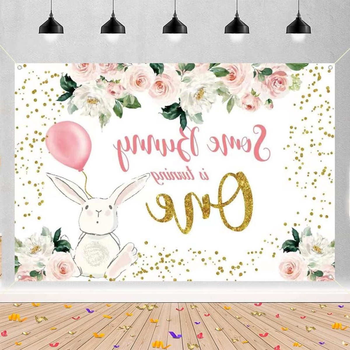 ByShane - 1e verjaardag decoratie meisjes - Haas thema - Happy Birthday banner - Stoffen bord - Achtergrond poster - 1e verjaardagsfeestje deco