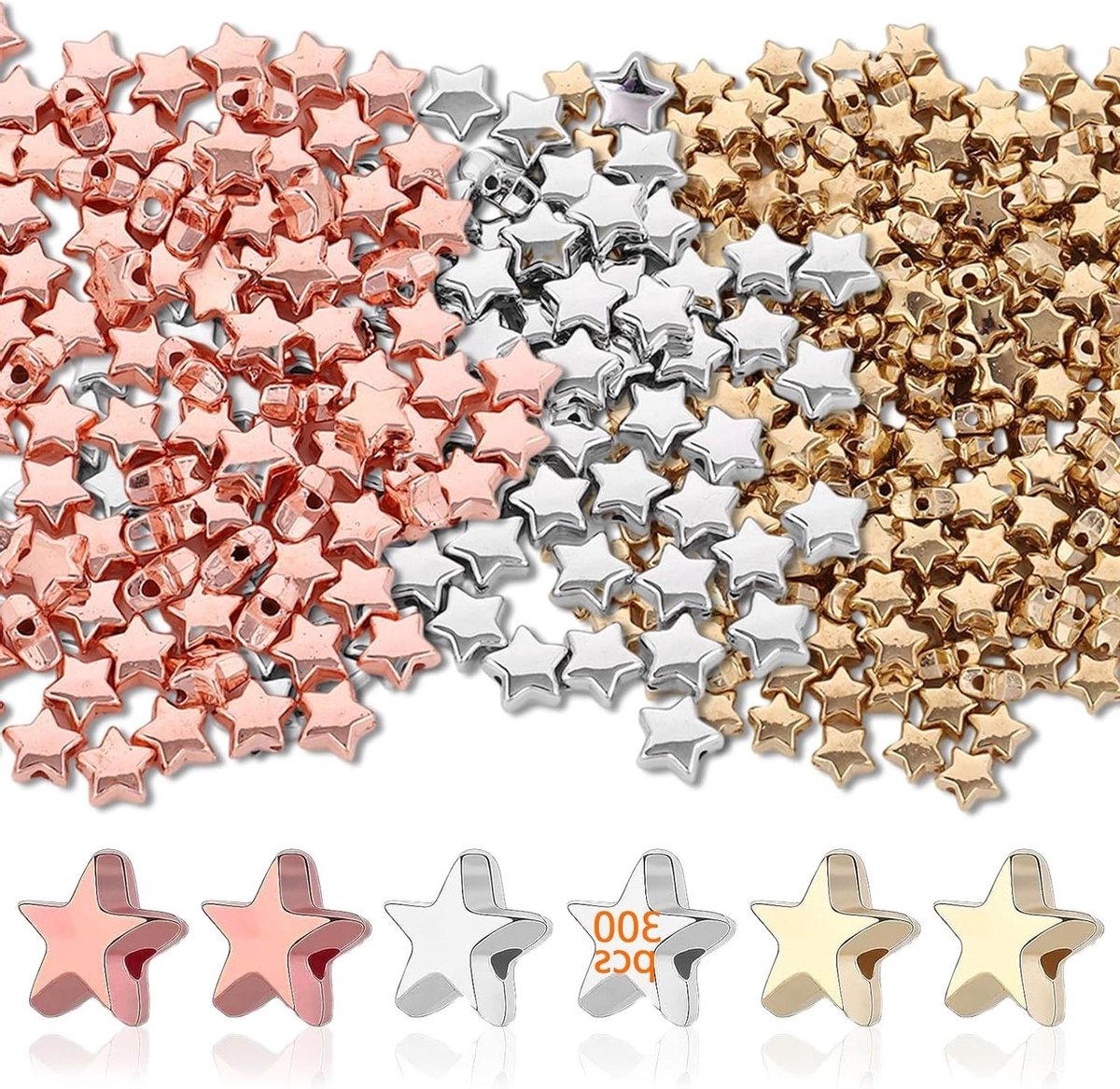 ByShane - 300 Stuks Stervormige Kralen 6 mm voor Sieraden Maken - Pentagram - Handgemaakt - DIY - Rood Koper + Wit K + KC-Goud - Sierkralen - Losse Kralen