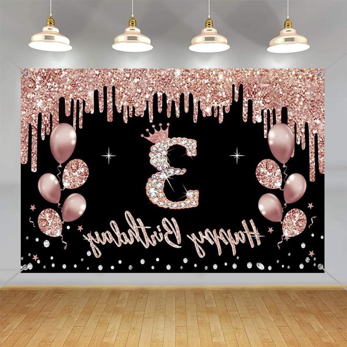 ByShane - 3e Verjaardag Decoraties Meisjes Feest Zwart en Roségoud Stoffen Bord Opknoping Poster Achtergrond Banner Welkomsteken
