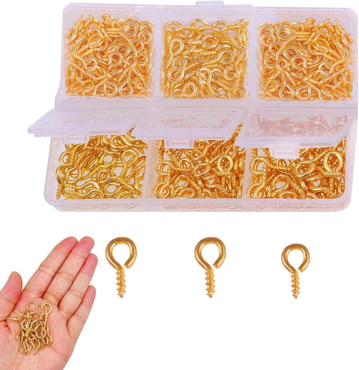 ByShane - 400 stuks goudkleurige schroefogen oogschroeven voor sieraden - diverse maten met opbergdoos - kleine haken om te schroeven - ringschroef - ogen voor bedels en kralen - handige set - bevestigingsmateriaal