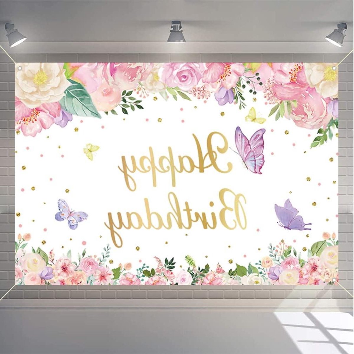 ByShane - Achtergrondbanner voor Verjaardagen Meisjes Vrouwen - Poster met Bloemen en Vlinders - Feestartikelen voor 1e 2e 3e 4e 5e 6e 10e Verjaardag - Welkomstbord - Afmetingen 150 cm x 90 cm