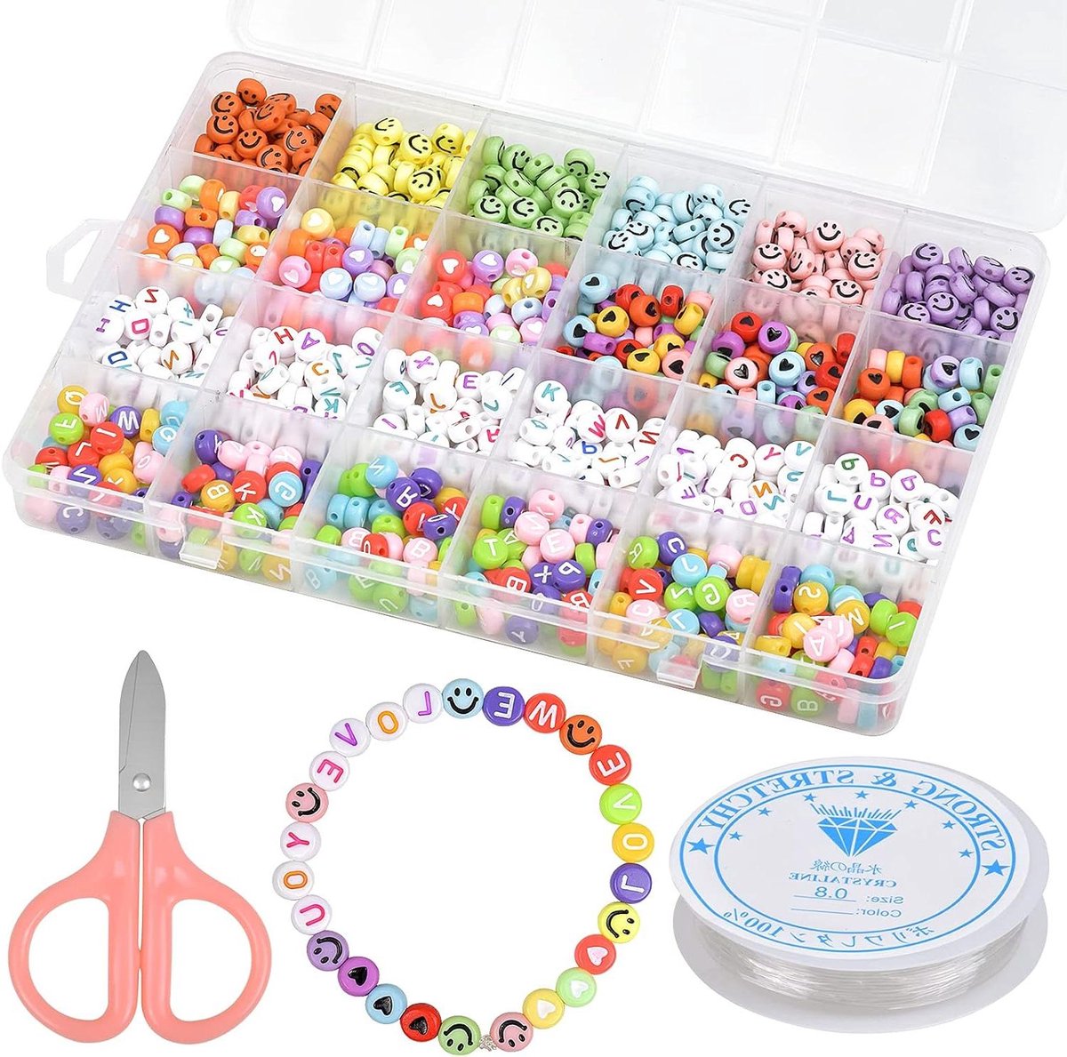ByShane - Alfabatkralen en hartvormige smileykralen set voor armband - DIY sieraden maken - 1200 stuks - Kleurrijke kralen - Letters voor kinderen - Parellijn en veiligheidsschaar
