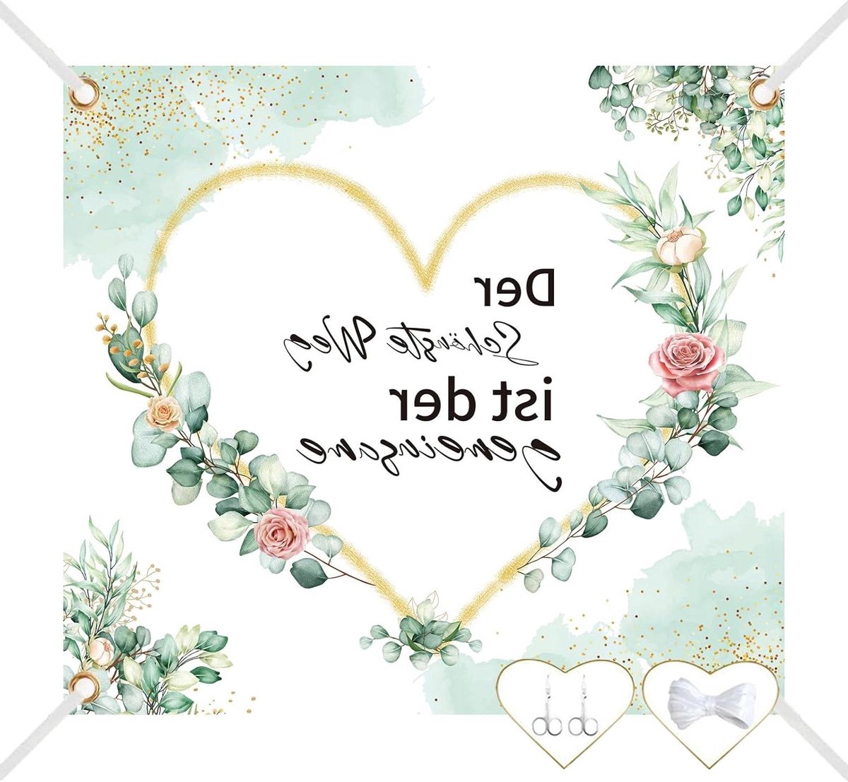 ByShane - Decoratie banner bruidspaar 200 x 180 cm met scharen en lint voor bruiloftsspellen en burgerlijke stand - Verrassing voor bruiloftsdecoratie