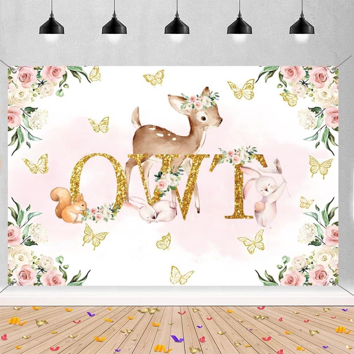 ByShane - Dier thema feest achtergrond met herten en bloemen voor tweede verjaardag - Jungle thema decoratie voor jongen - Fotografie backdrop voor verjaardag poster