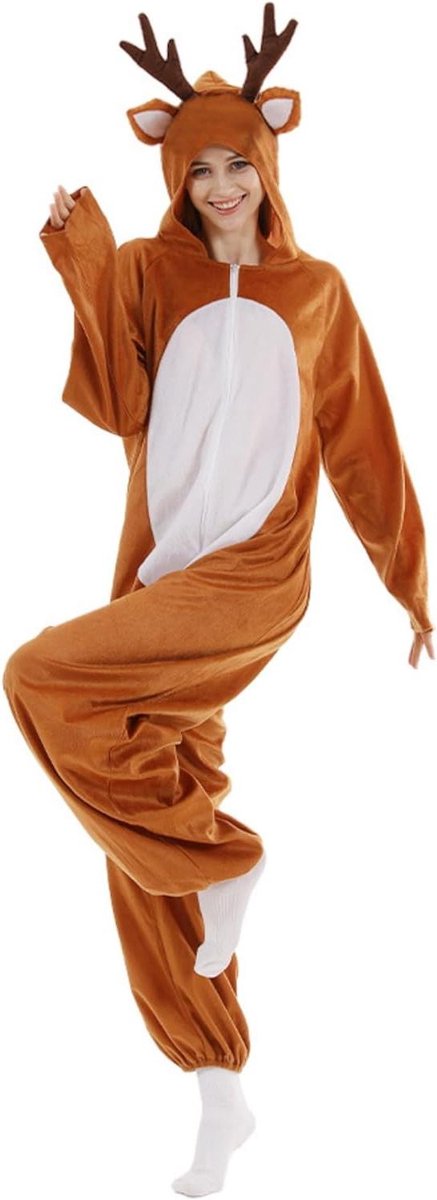 ByShane - Kerst Rendierkostuum volwassenen uniseks met capuchon en knopen - pyjama cosplay kostuum.