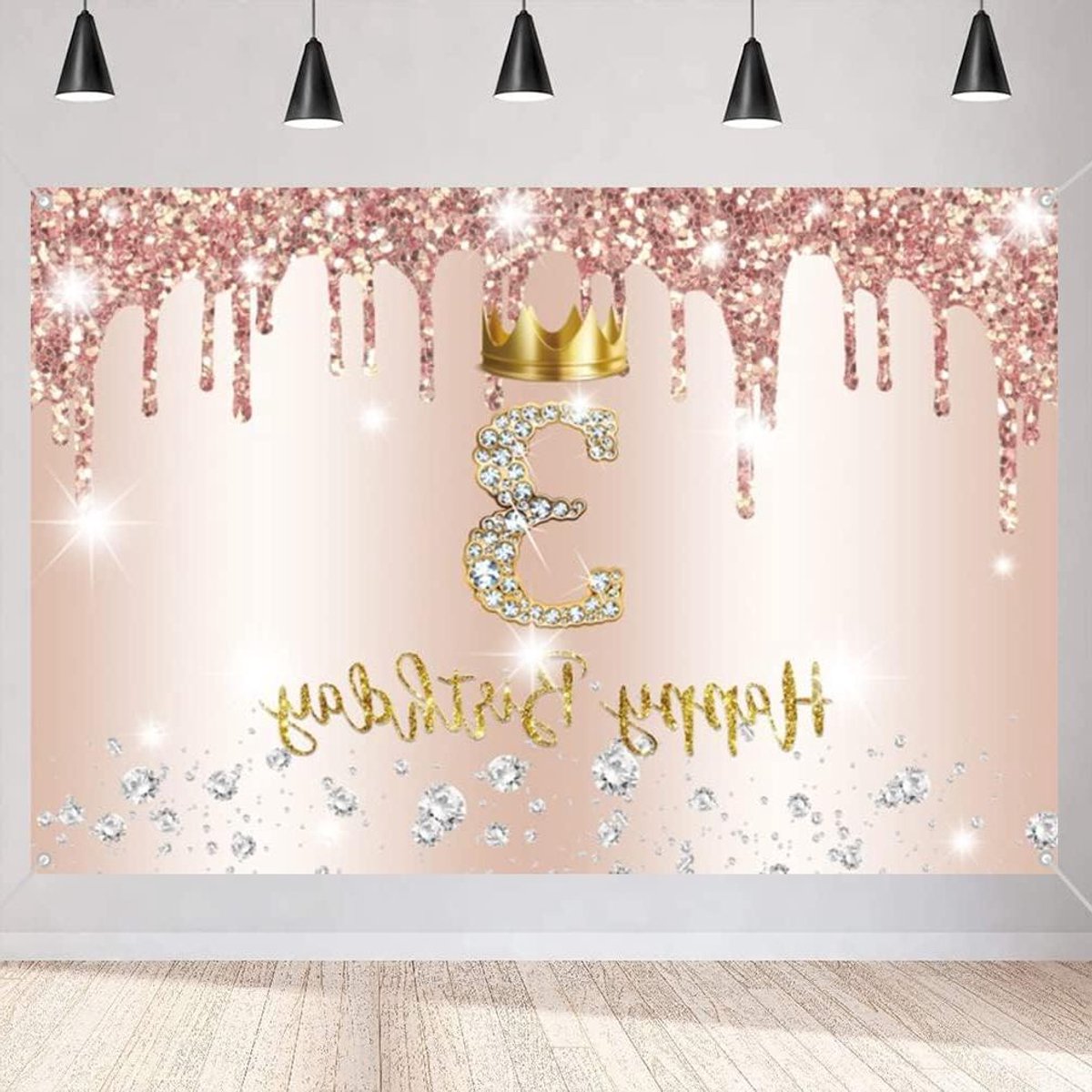 ByShane - Roze en Gouden 3e Verjaardag Decoraties Meisje - Happy Birthday Banner - Party Decoratie - Inclusief Foto Achtergrond - Feestbenodigdheden - 150 cm x 90 cm