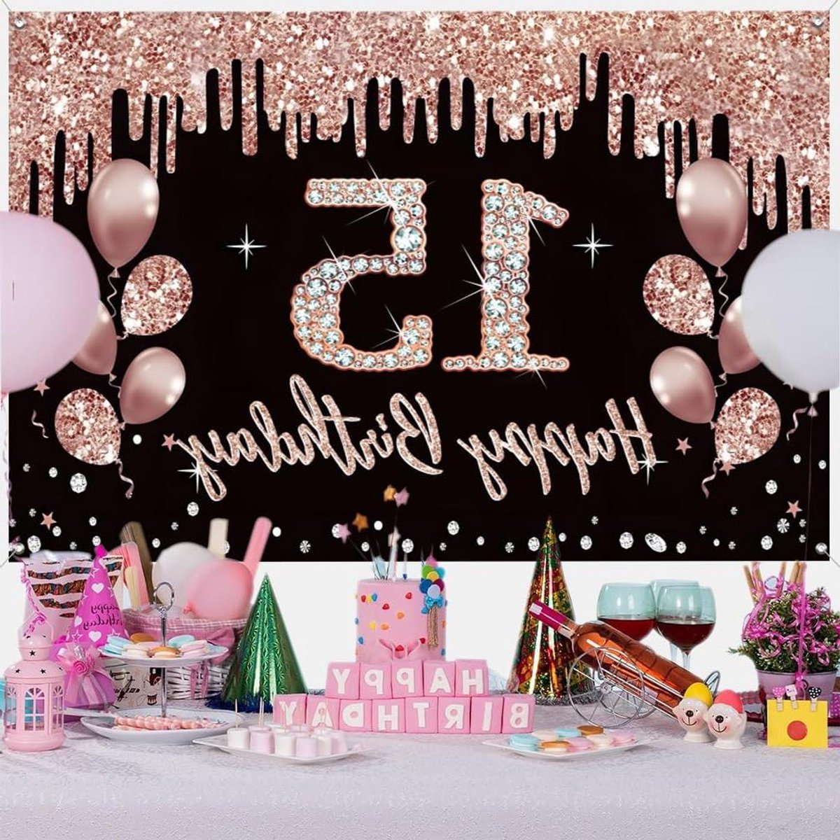 ByShane - Verjaardag Decoratie Meisjes - Zwart Roségoud - Stoffen Bord - Achtergrond Banner - Feestdecoratie - Hangposter - Welkomstbord